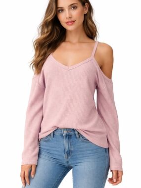 Source Unknown Blush Pink Cold-Shoulder Waffle Knit Long Sleeve Top